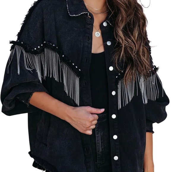 Chic Black Fringe Jean Jacket - Picture 7 of 7